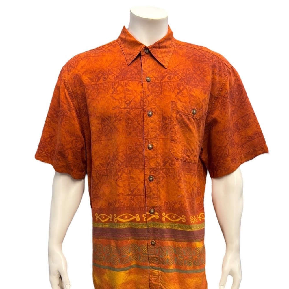The Territory Ahead Orange Aztec Native American Design Short Sleeve Shirt LG